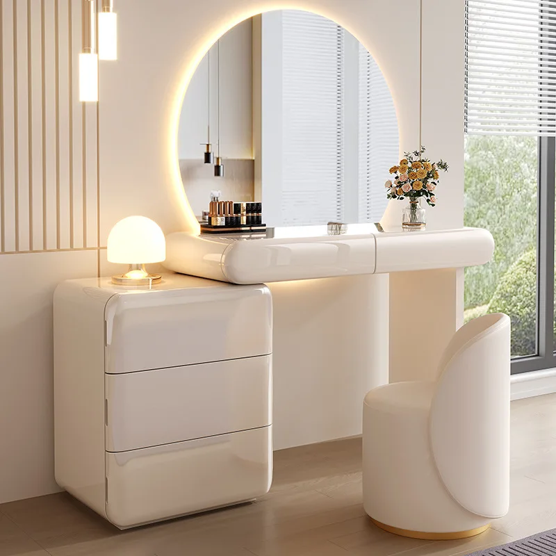 Modern Cream Light Luxury Solid Wood Minimalist Dressing Table Modern Style Bedroom Makeup Table With Bucket Cabinet