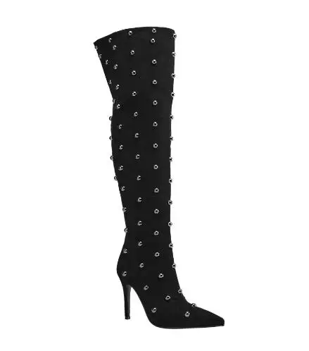 Winter Women Black Suede Full Ball Rivet Pointed Toe Thin Heels Over The Knee Boots V Open Back Thigh Long Botas Shoes Size 46