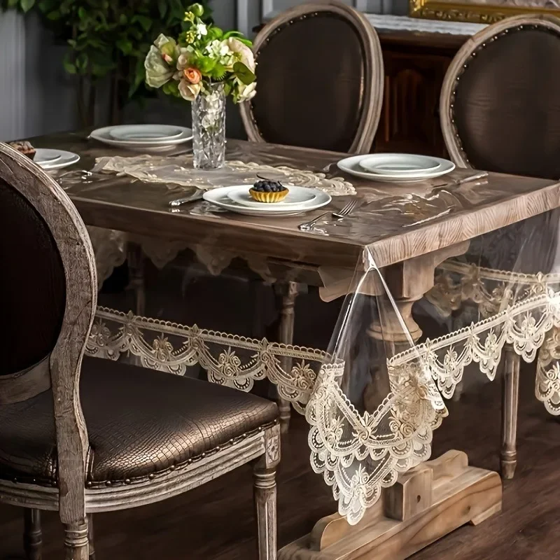 1pcs Dining Table Cloth Non-Wash PVC Non-Slip Lace Border Table Cover Coffee Table Cover Dining Mat for Kitchen Restaurant Decor
