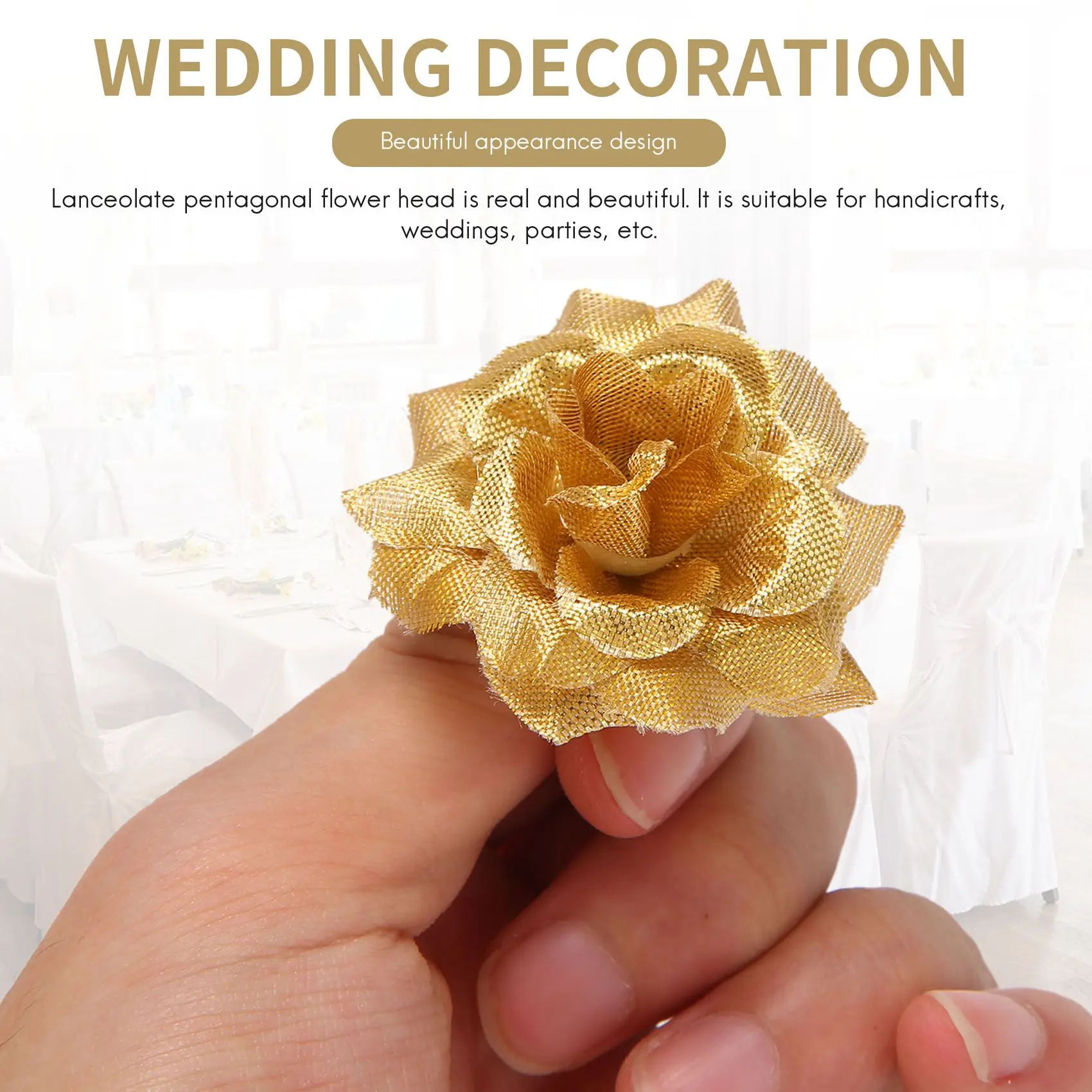 A06RP 50 pcs Silk Roses Artificial Wedding Clips Wedding Decoration Flower Head (Golden)