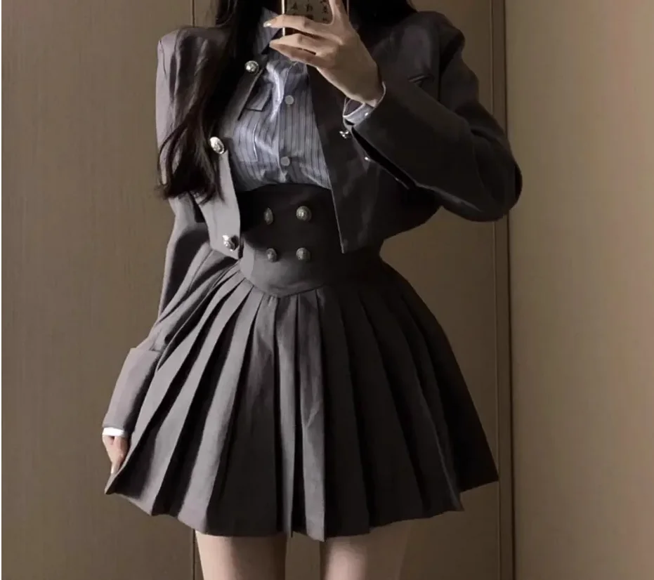 

JK uniform college style girl long sleeved shirt short jacket high waisted pleated skirt three piece set