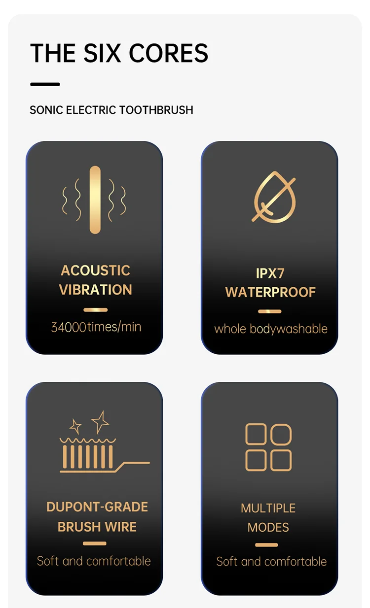 جيان العلامة التجارية الكبار أبيض وأسود كلاسيكي فرشاة أسنان صوتية الكبار 5-Speed وضع USB شحن Ipx7 مقاوم للماء سونيك الكهربائية Toothbr