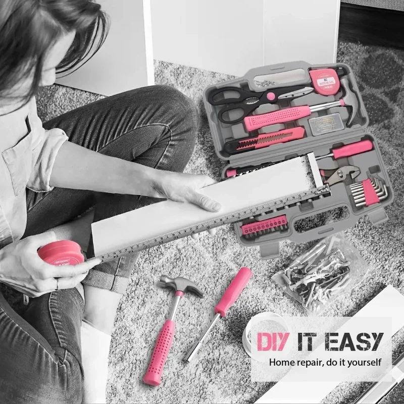62-Piece Multifunctional Household Tool Kit with Hammer, Tape Measure, Screwdriver and Pliers description 3
