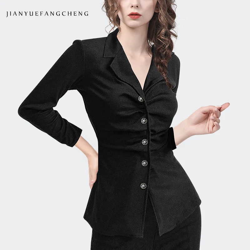 

Sexy Skinny Womens Suit Collar Black Knitted Shirt Top 2023 Spring Summer Elegant Slim Office Ladies Fashion Casual Blouses