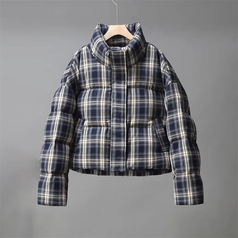 高品質の冬の女性のキルティングチェック柄ショートダウンジャケットスタンドカラーレトロY2Kファッションカジュアル厚手暖かいグースダウンアウターウェア