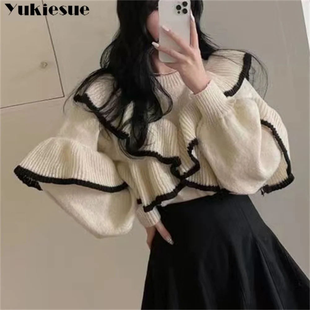 Ruffled Black Knitted Sweater Women Fashion Vintage Lantern Sleeve Female Elegant Cardigan Chic Retro Knitwear Korean Sweet Coat