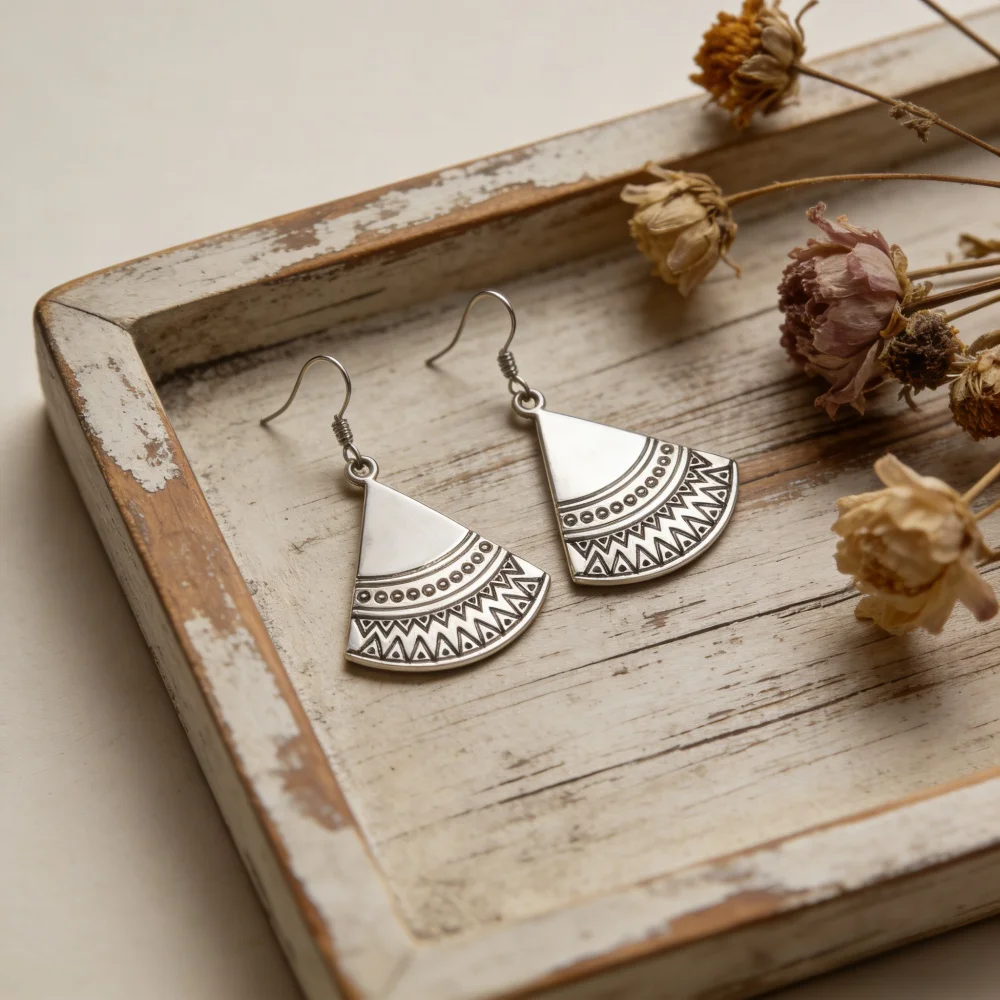 Vintage Fan-Shaped Triangular Ethnic Style Earrings, Bohemian Tribal Style Geometric Carved Pattern Earrings, Women's Daily Comm