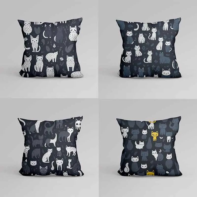 Kitten Print Home Pillow Sofa Car Cushion Cover Simple Black and White Cartoon Animal Pillow Cover