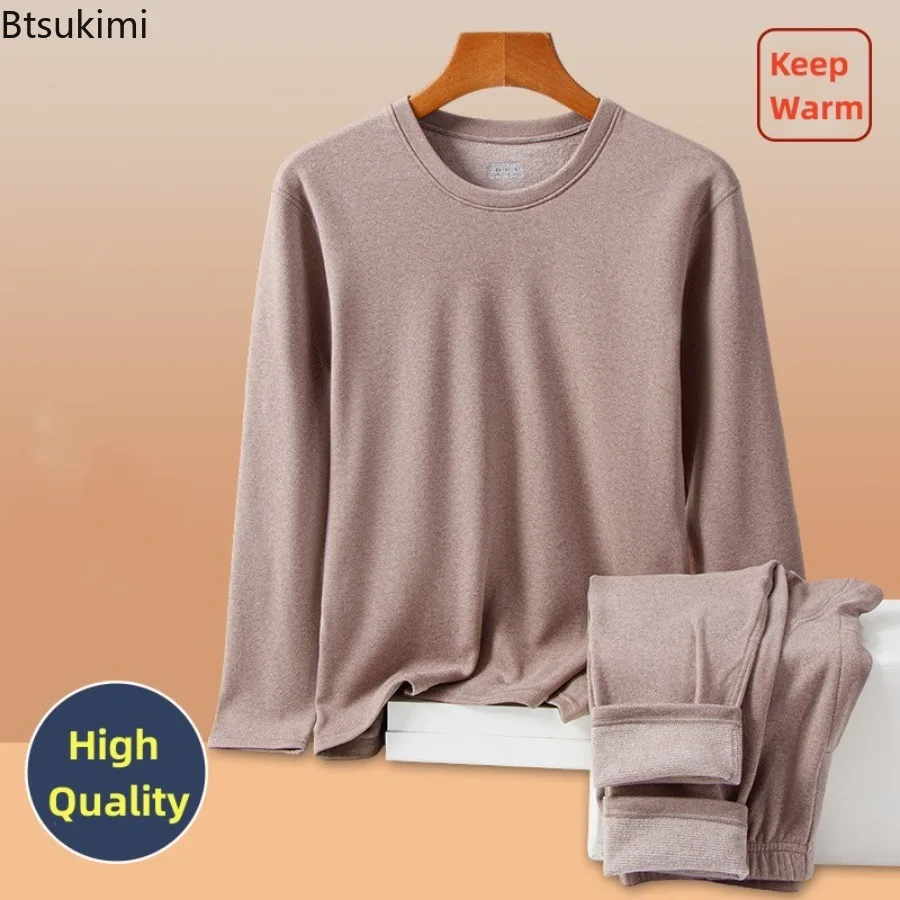 New Autumn and Winter Men's Round Neck Thermal Underwear Sets Solid Comfortable Keep Warm Men Fleece Thickened Long Johns Sets