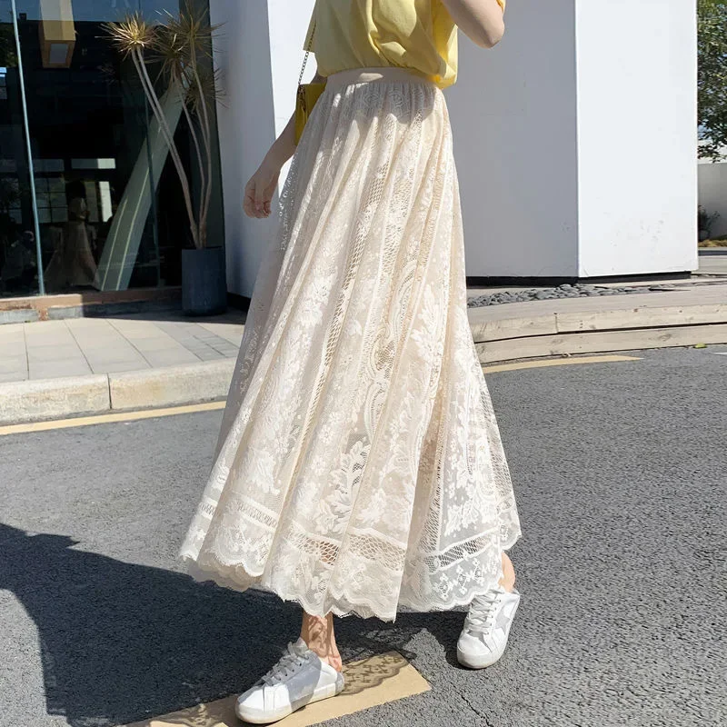 

Lace Mesh Skirt Women's Spring and Summer New High-waisted Casual Medium and Long Versatile and Thin Fairy Skirt