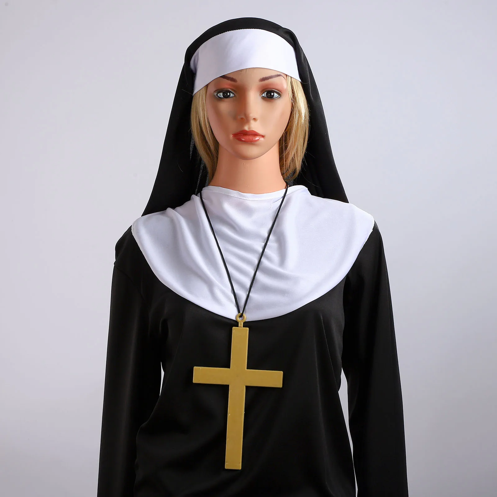 Women Halloween Nun Costume Accessories Headdress Fake Collar Cross Necklace Gloves Thigh High Socks Priest Sister Cosplay Props