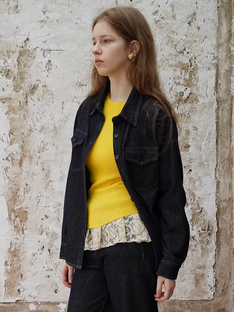 

Morrieyuan Vintage Waed Blue Casual Denim irt Long Sve Women's Faion Resistant Wear Straight Cut Cotton Blend Top