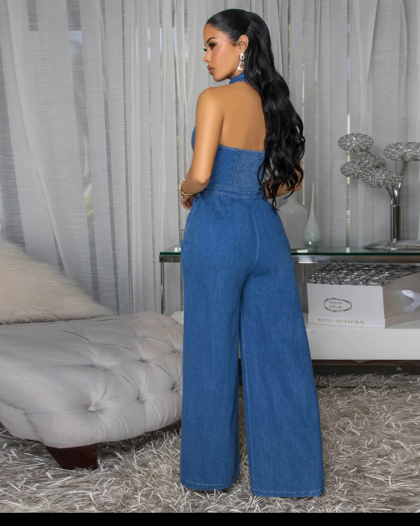 Sorella Star Tuta da donna All'ingrosso Denim Moda Alta elasticità Sexy Backless Risvolto Pantaloni a gamba larga Tuta da pendolare senza maniche