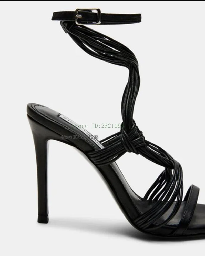 Black Leather Strappy Design Ankle Strap Thin Heeled Summer Shoes Woman Ankle Wrap High Heel Sandals Women Party Shoes