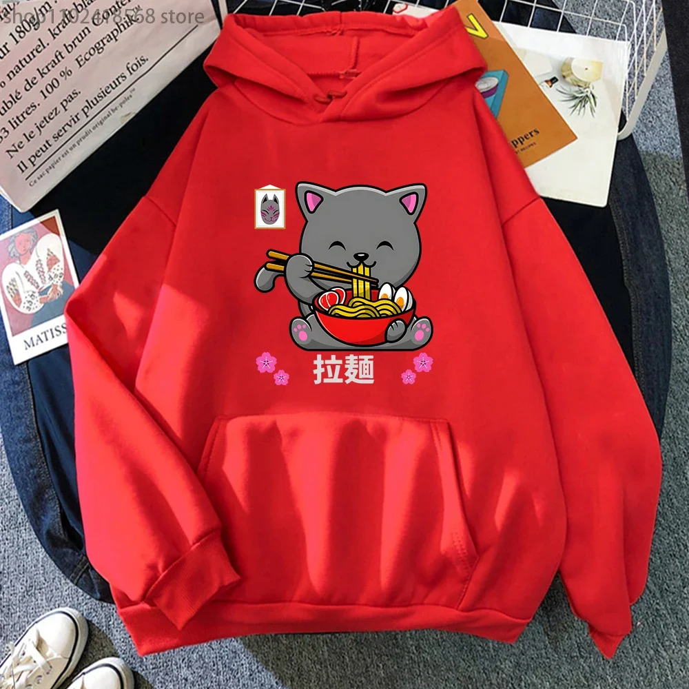 Cat Eating Spaghetti Hoodie MEN Harajuku Sweatwear Women Cartoon Sweatshirt O-Neck Personality Pullover Y2k Sudadera Para Mujer