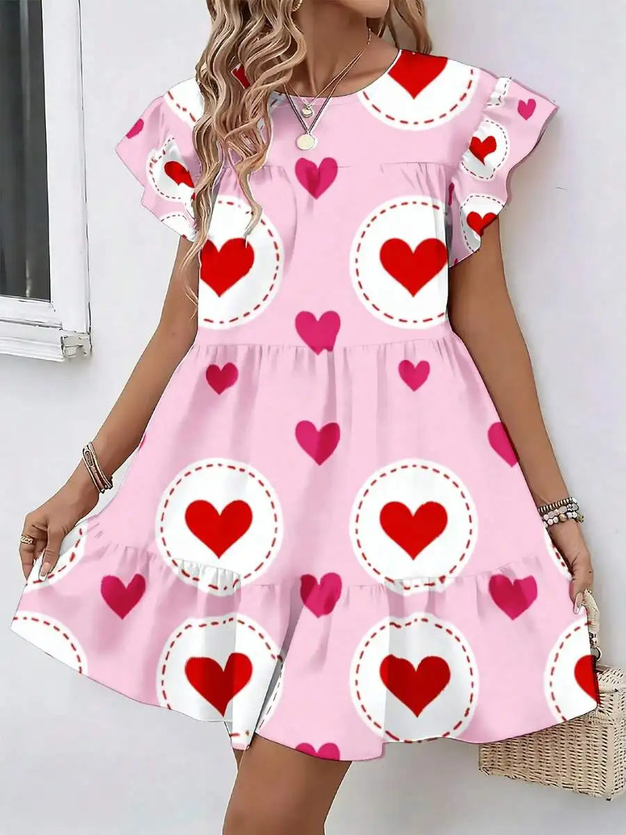 

Heart Print Round Neck Loose Babydoll Dress Summer Casual Womens Dress