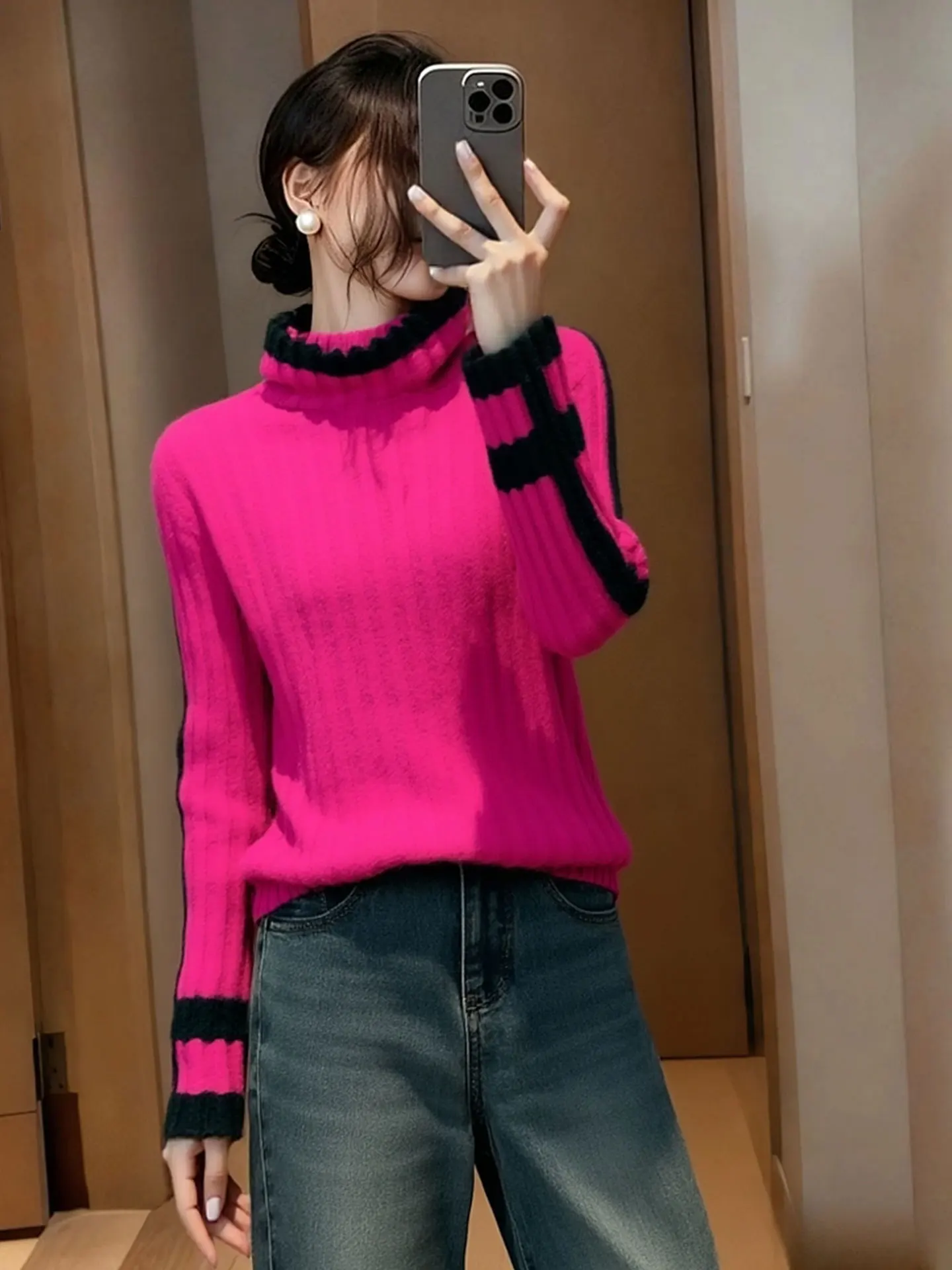 

Faionable Knitted Sweater Women's Long Sve Color Blo Winter Warm Top Korean Sle Casual Commute Wear Premium Brand