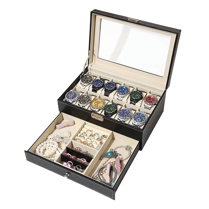 Multi-Bit Practical Family Watch Box PU Leather Transparent Window Jewelry Storage Box Jewelry Storage And Organization Box