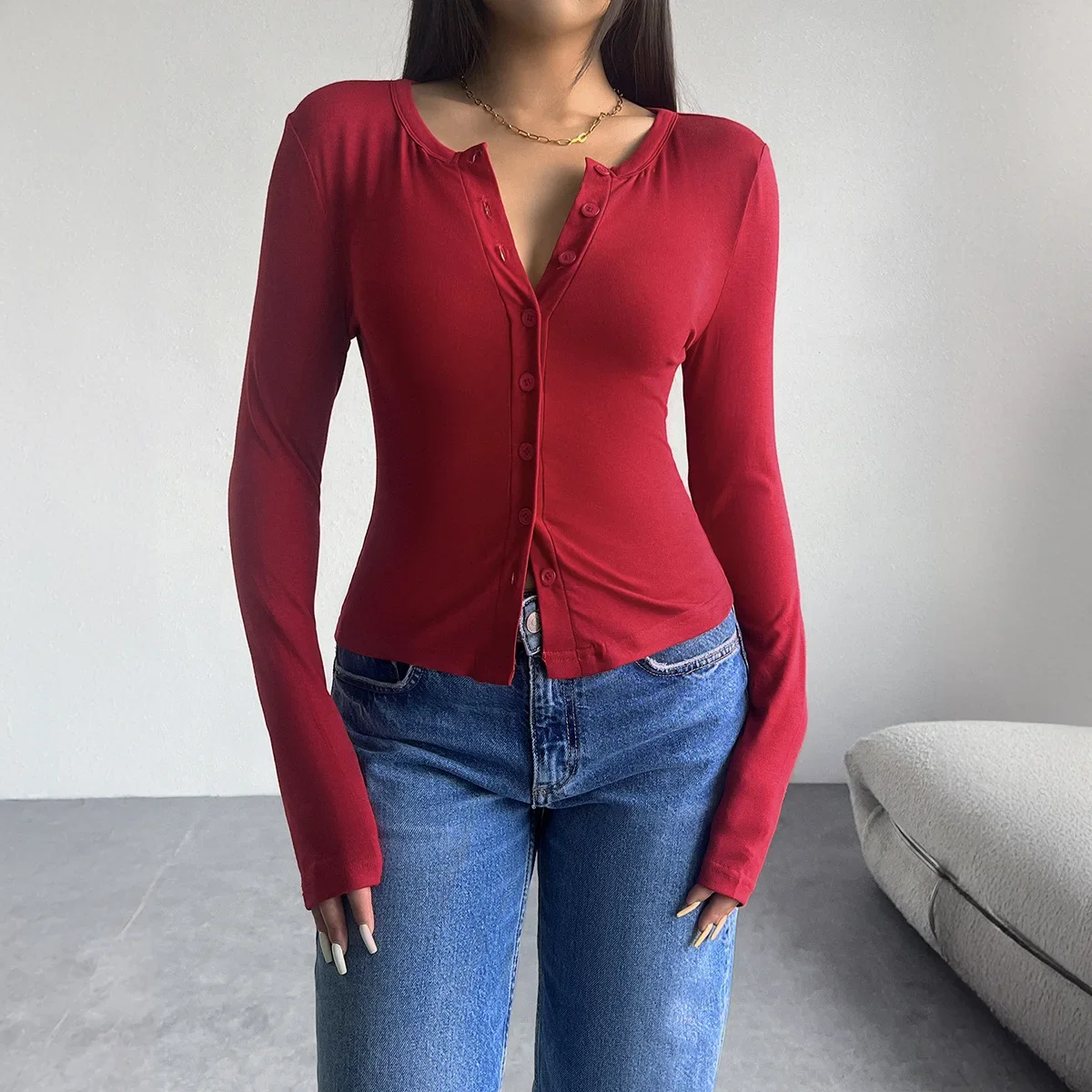 

Women's Y2K Solid Color Long Sleeved Color Slim Fit Cardigan Button Up Long Sleeved T-shirt 2024 Autumn