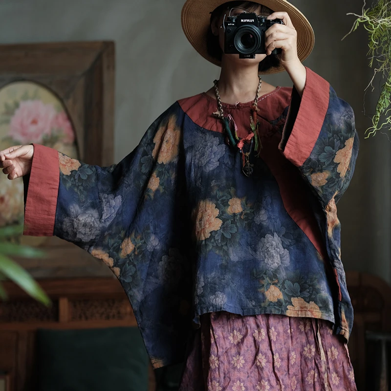 100% Cotton Women Batwing Sleeve Casual Shirt New Arrival 2026 Vintage Style O-neck Floral Print Loose Female Tops Shirts M2889