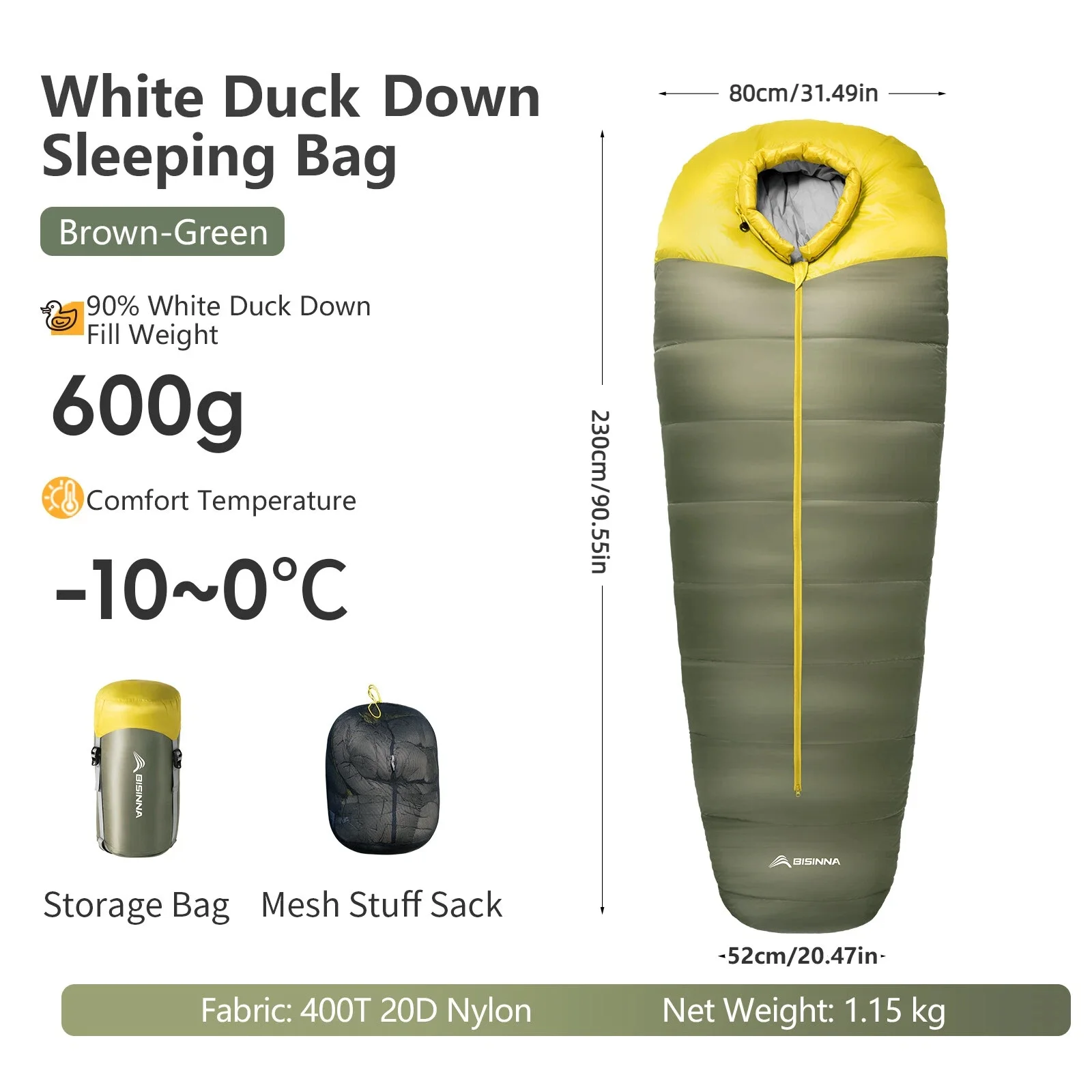 BISINNA Eendendons Winterslaapzak Ultralight Mummie Warm Outdoor Campingbenodigdheden voor volwassenen Draagbare reizende slaapzak