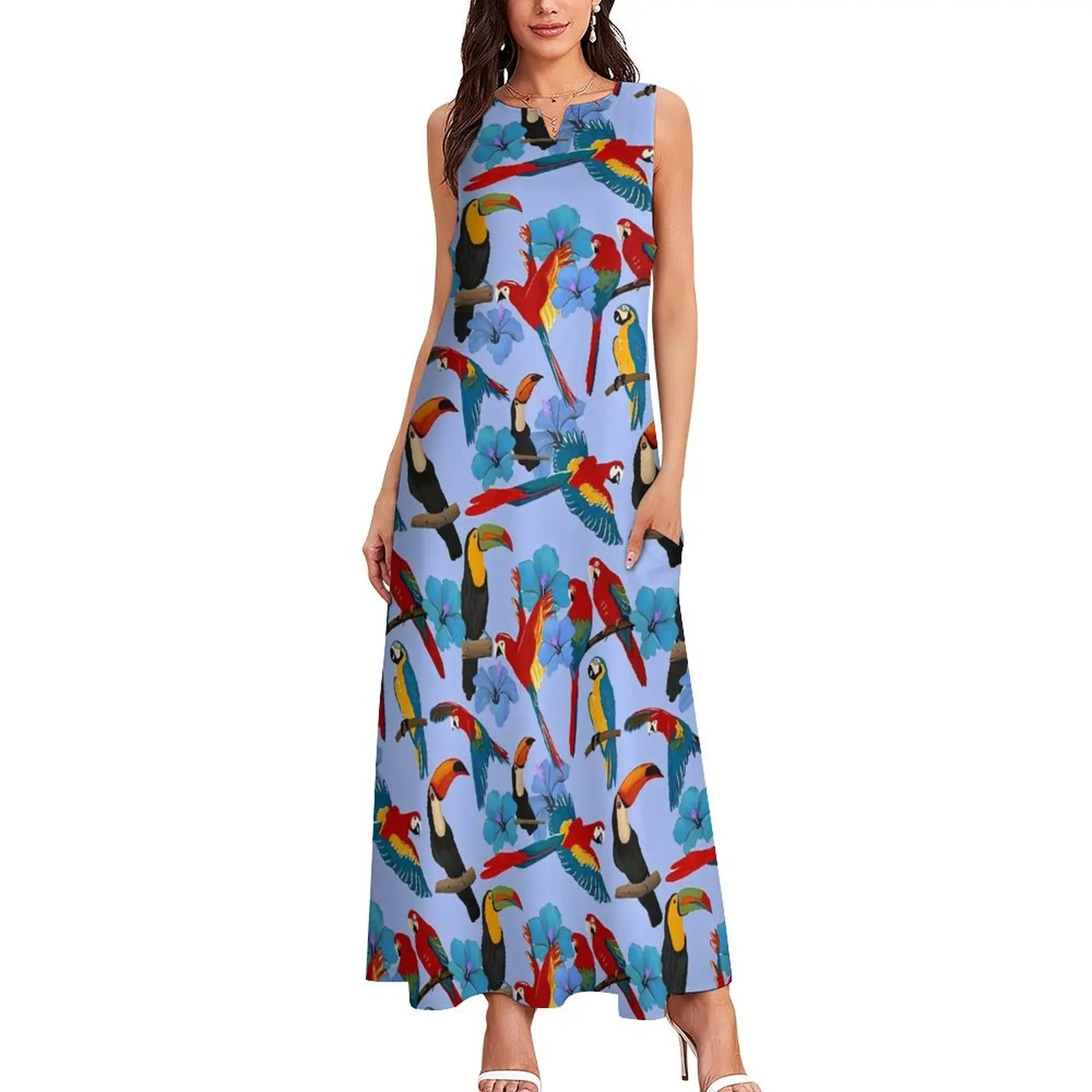 Birds Flower Dress Summer Toucans and Parrots Aesthetic Casual Long Dresses Female Kawaii Maxi Dress Gift