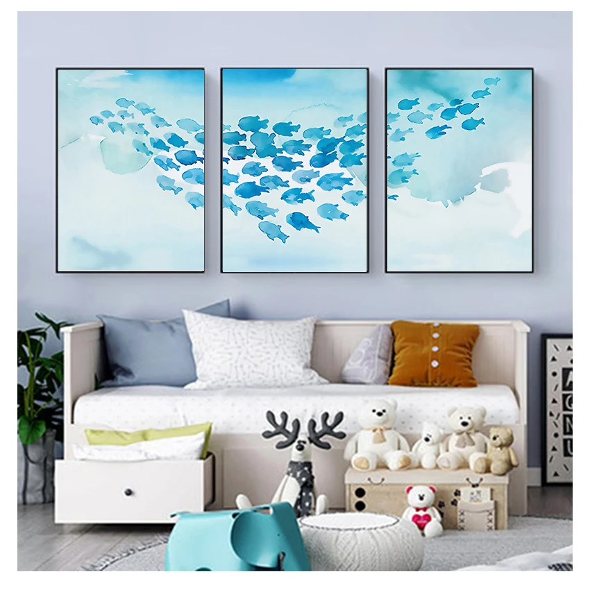 Group Canvas Painting Childlike Wall Art Pictures Print Room Decorative For Nursery Children Abstract Poster Cartoon Blue Fish