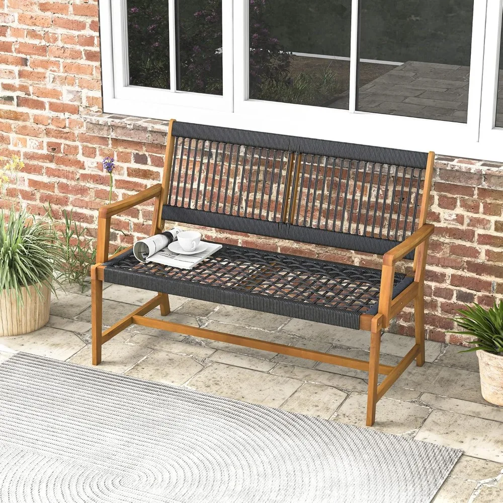 Outdoor Acacia Wood Bench, All-Weather Rope Woven Garden Bench with Backrest and Armrests, 2-Person Patio Bench for Por