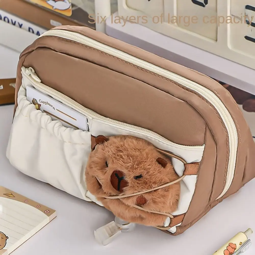 مقلمة كابيبارا اللطيفة ذات سعة كبيرة متعددة الطبقات صندوق رصاص برباط متعدد الوظائف حقيبة أقلام اللوازم المدرسية #3