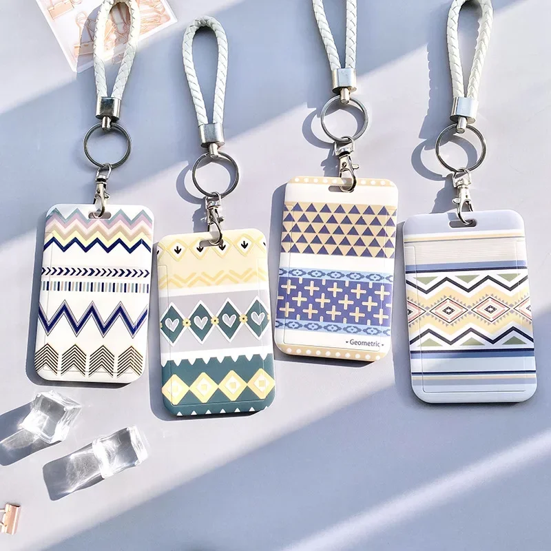 Student Identity Badge Card Cover with Neck Strap Bag Geometric Women Men Work Badge Bus Credit Card ID Holder Bags with Lanyard