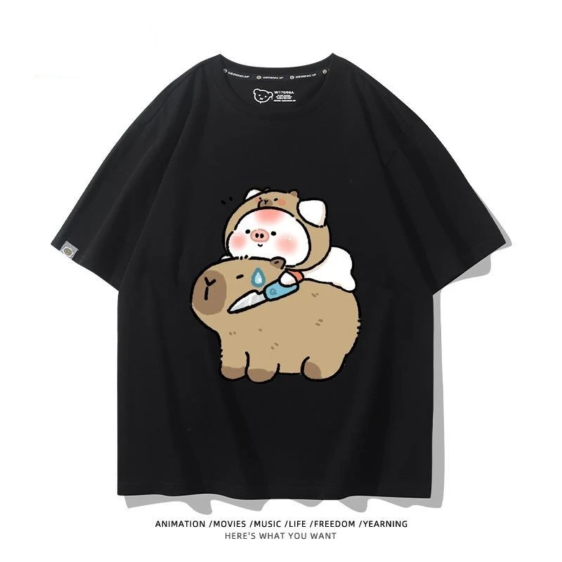 

New Arrival Kapybara Cotton T-shirt Men Women Short Sleeve 2024 American Loose Kids Tee 4~12y Cute Kids Tee Home Soft T shirt