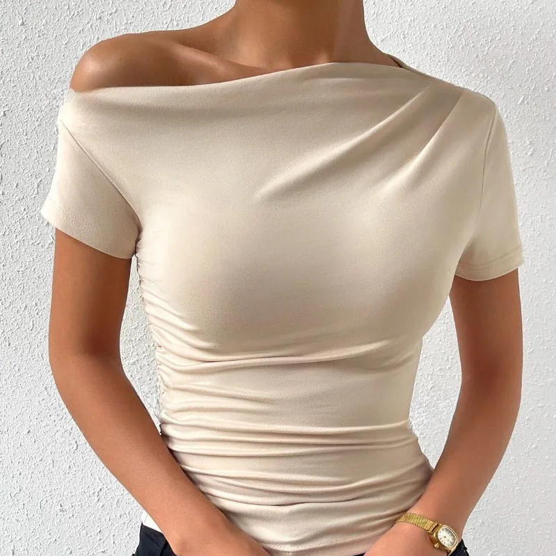 Solid One Shoulder T-shirt, Elegant Short Sleeve Ruched Top For Spring & Summer, Women\'s Clothing