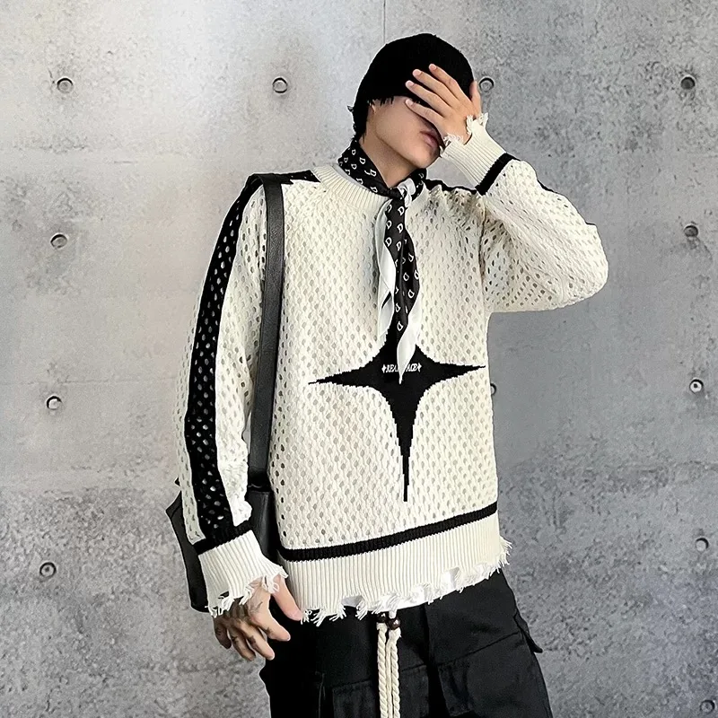 Ribbed Tassel Hollow Knitted Sweater Women Streetwear Hip Hop Y2k Fashion Loose Casual Pullover Sweater Girls Knitwear