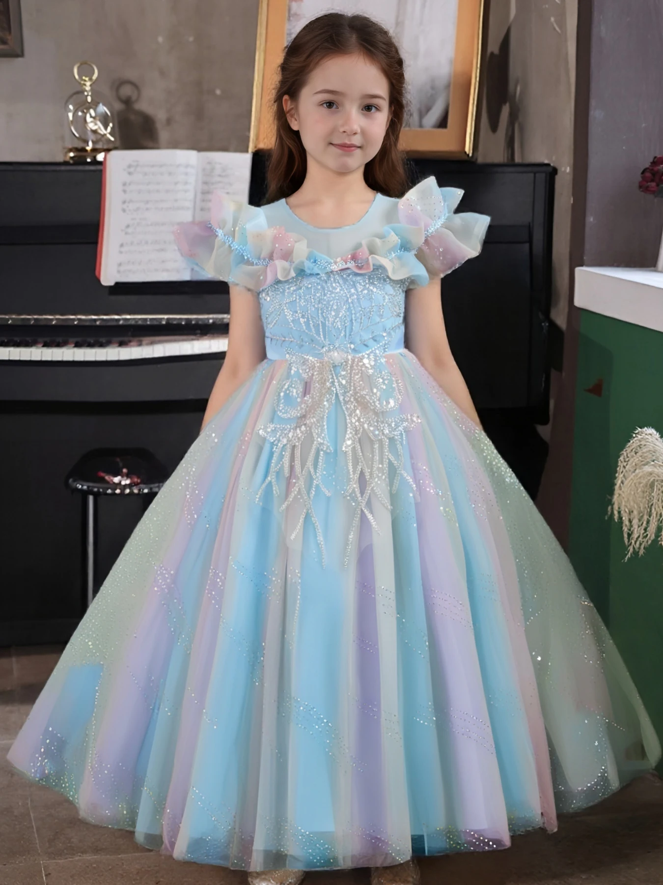 High-End Girls' Princess Dress for Weddings Birthdays  Performances Unkempt Skirt Cute Flower Girl Clothes Girl Dress for Party