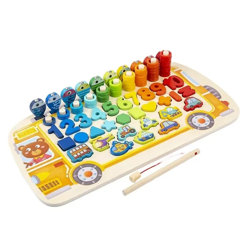 Wooden Fishing Puzzle Busy Board School Bus Letters Numbers Math Shapes Sorting Educational Toys for Kids Toddlers