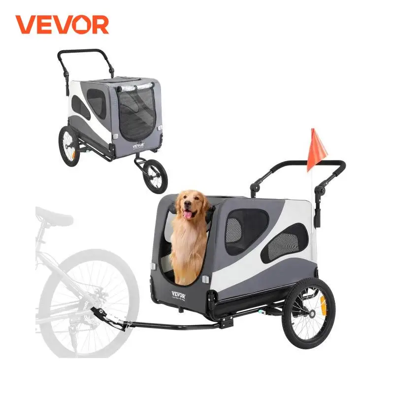 VEVOR 100lbs Dog Bike Trailer 2-in-1 Pet Stroller Cart Bicycle Carrier Folding Cart Frame with Wheels Reflectors Flag for Dogs