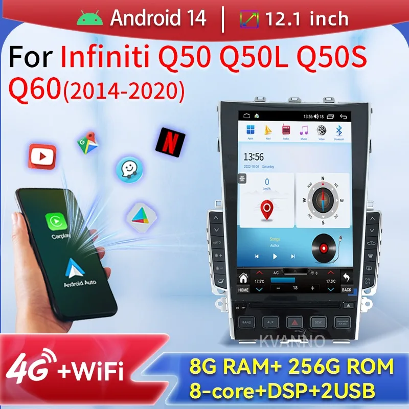 

Car Radio For Infiniti Q50 Q50L Q50S Q60 2014-2020 Tesla Multimedia Video Player Carplay Android14 Auto BT DSP GPS Navigation FM