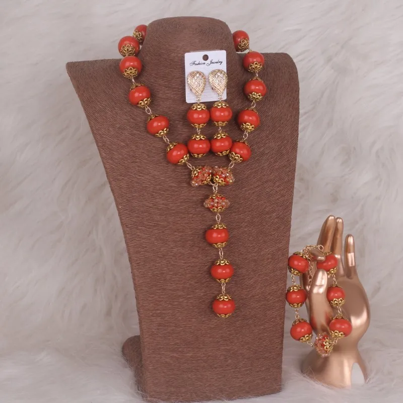 

Trendy Aritificail Coral Beads Jewelry Sets Hand Knitted Balls Nigerian Necklace Birthday Jewellery Set