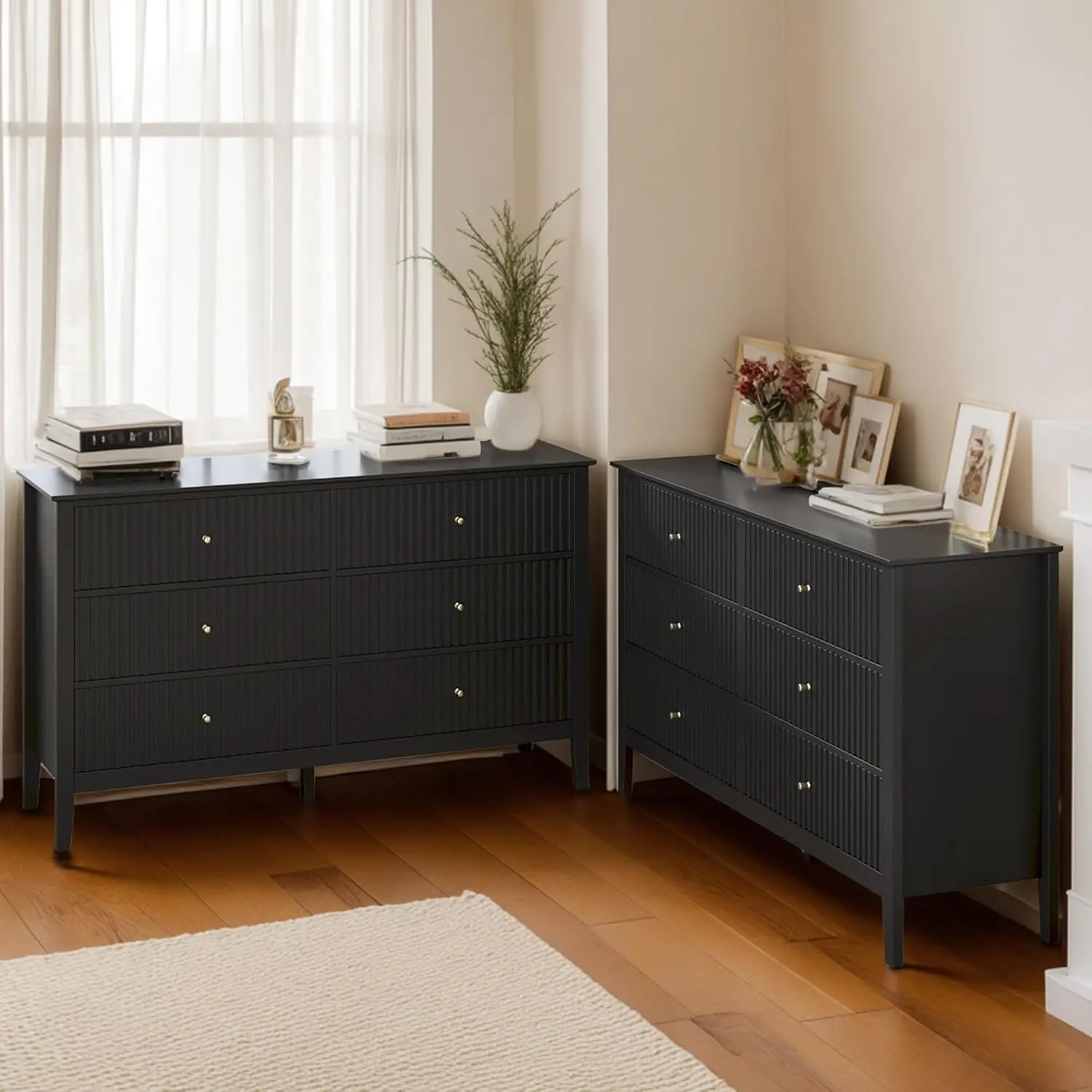

RoyalCraft Black 6 Drawer Dresser Set of 2, Fluted Modern Wood Dresser, Double Chest of Drawers, TV Stand with Storage
