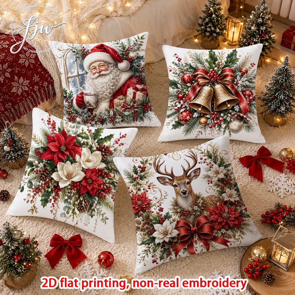 4pcs Christmas Throw Pillow Covers Festive Xmas Santa Reindeer Snowman Decorative Cushion Cases for Holiday Home Sofa Bed Decor