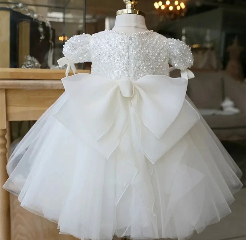 Customized White Flower Girl Dress For Wedding Glitter Pearls High Waist Floor Length Kids Birthday Party First Communion Gown