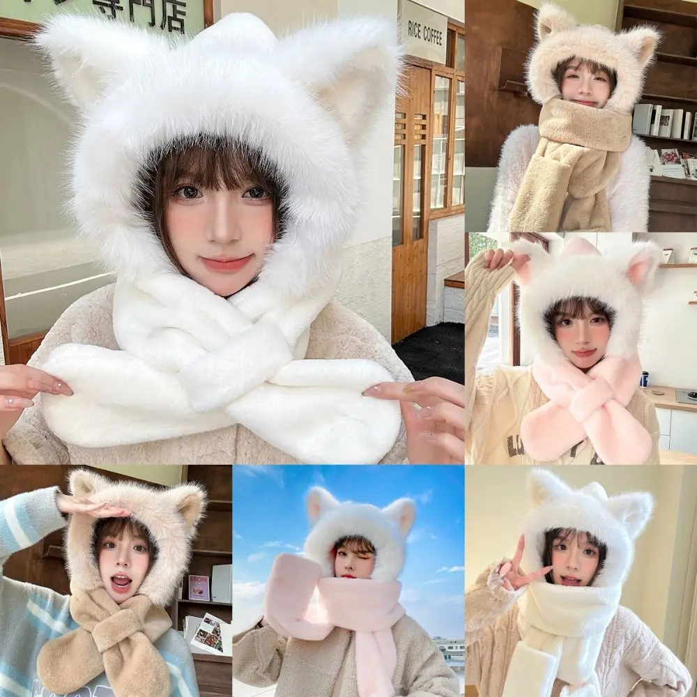 

New Warm Plush Fox Ears Hat Gloves Windproof Winter Hooded Scarf Ear Protection Soft Fox Scarf Women