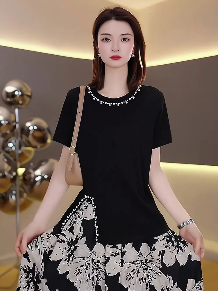 

Ele Heavy Bead ort Sve T-irt Korean Sle Loose Fit Overhead Summer Top with Slit Hem for Young Women