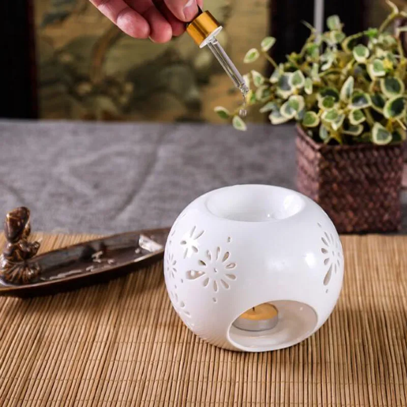 White Color Round Shape Aroma Burner Hollow Floral Pattern Essential Burner Oil Candle Holder Oil Lamp Fragrance Home Decor