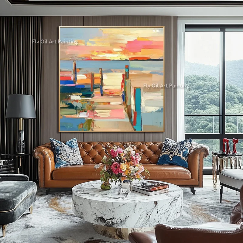 Blue Orange Seaside Sunset Oil Painting On Canvas Original Abstract Green Beige Blue Landscape Wall Art New Handpainted Artwork