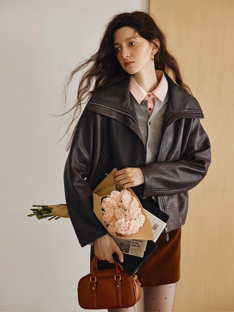 OLrain femmes veste en simili cuir col rabattu à manches longues conception veste 2025 automne solide décontracté coupe ample manteau GO57QW001628