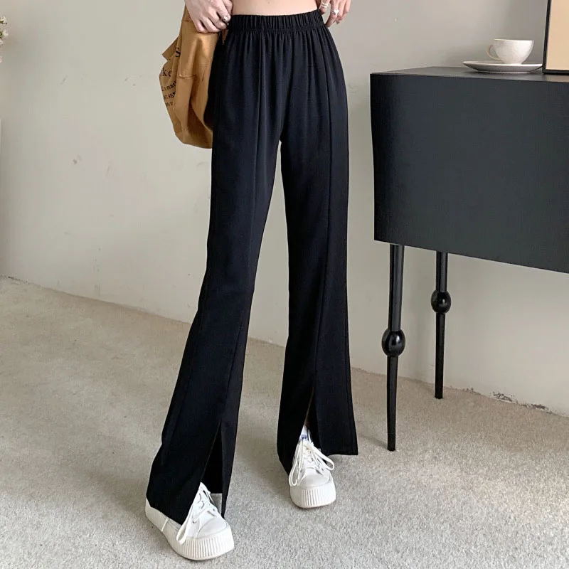 MEXZT Women Slit Wide Leg Pants Pants Ladies High Waist Casual Trousers Fashion All Match Suit Pants Simple Korean Elegant