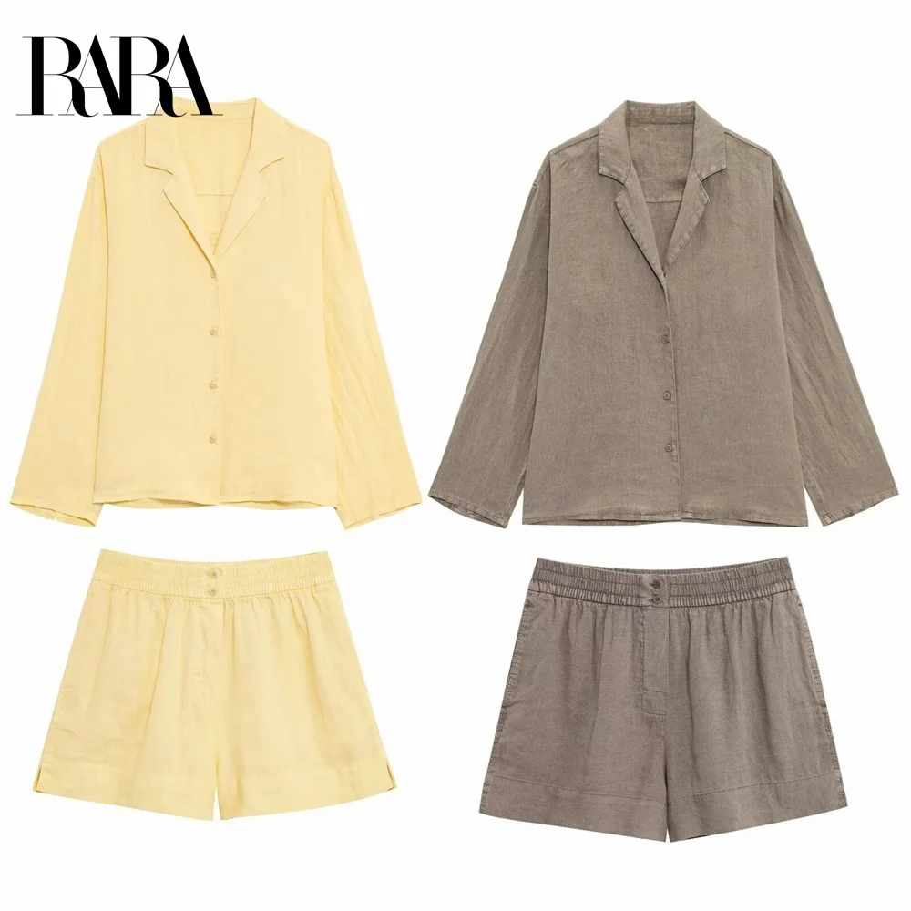 2025 RARA novedad de verano, moda informal para mujer, Color sólido, manga larga, cuello en V, camisa informal, conjunto de pantalones cortos de cintura media