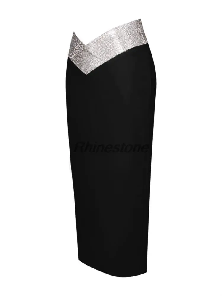 2023 New Black And White Bandage Sexy Hip Wrapping One Step Long Half Skirt Shining Mid Waist Party Short