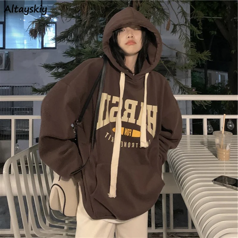 

With Hat Hoodies Women Retro High Street All-match Loose Casual Lazy Warm Thicker Front Pockets Letter Printing Sweatshirts Teen